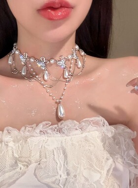 镂空蝴蝶珍珠流苏项链女小众