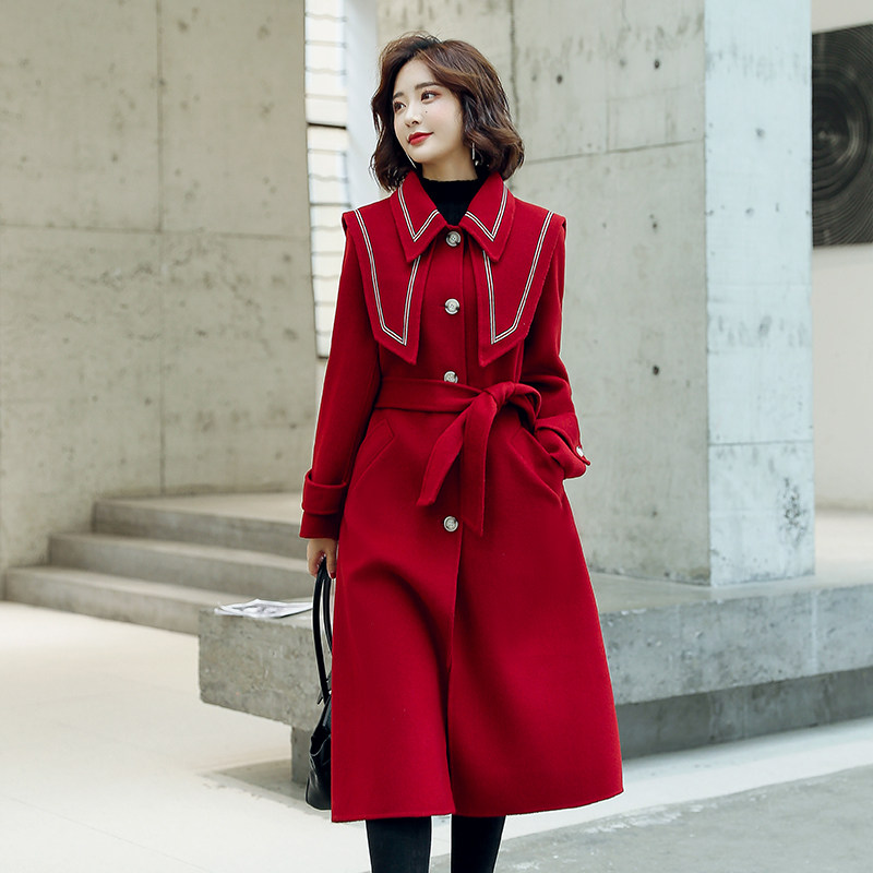 酒红色毛呢外套女秋冬装长款赫本风 吾亦美毛呢外套