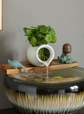 生态鱼缸装饰陶瓷流水罐摆件可种花造景增氧过滤水循环庭院田园大