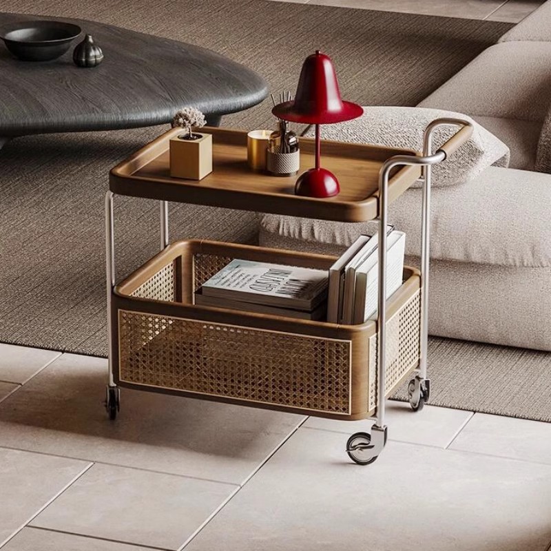 实木边几中古小推车可移动茶几客厅沙发边柜零食置物架藤编收纳架 - 图2