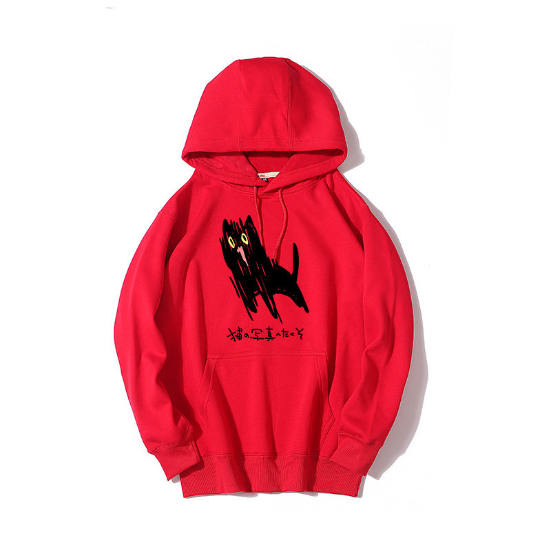小黑猫写真卡通动漫艺术连帽套头卫衣男情侣装秋季加绒打底外套,淘宝优惠券,粉丝福利购,淘宝优惠卷