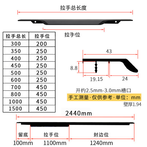 拇指款堵头开槽18铝合金长条拉手衣柜门橱柜小柜子一体式隐形手抽 - 图1