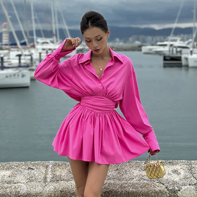le palais vintage时髦 很正的桃粉色 垂感收腰衬衫裙+防走光短裤 - 图0