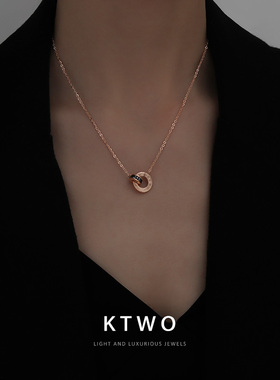 时尚气质双环项链女小众玫瑰金色彩钻设计百搭不掉色锁骨链配饰品
