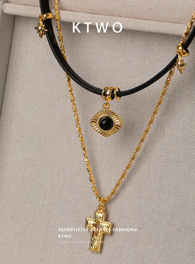 欧式时尚双层叠戴皮绳双吊坠项链