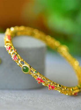 新疆天然和田玉碧玉莲花手镯女款