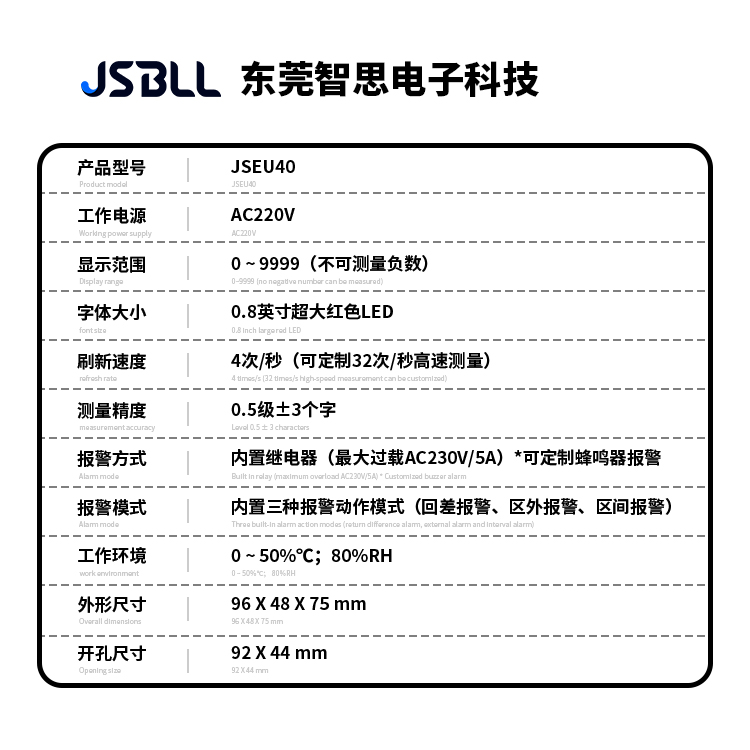 JSEU40智能数显表真有效值电压表直流交流电流上下限自动报警控制 - 图0