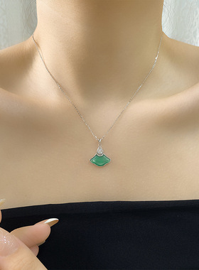 小裙摆S925纯银项链天然高冰透飘花非洲翠翡翠色吊坠新中式锁骨链