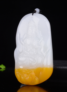 和田玉新疆糖白玉转运平安牌挂件莲花观音菩萨鸡油黄玉石吊坠男款