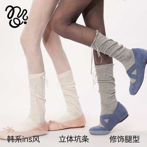 灰色法式高级感显瘦小腿袜女款芭蕾风甜美蝴蝶结飘带长筒袜春夏 - 图0