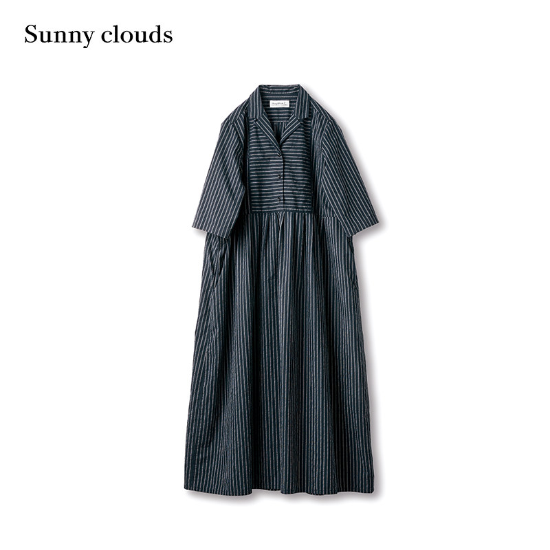 桑妮库拉/Sunny clouds 棉混开领条纹连衣裙宽松中长裙,淘宝优惠券,粉丝福利购,淘宝优惠卷