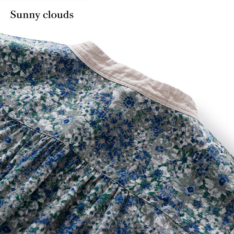 秋季新品 桑妮库拉/Sunny clouds 女式纯棉立领油画风印花衬衫裙 - 图1