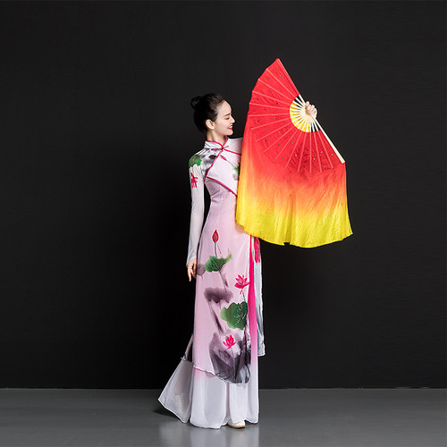 胶州秧歌舞蹈扇子真丝跳舞扇双面双色秀色广场舞风酥雨忆红黄扇子 - 图1