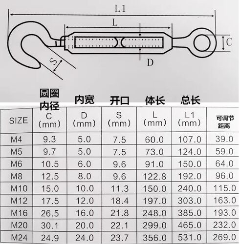 304不锈钢花篮螺丝M10 开体花兰螺丝 拉紧器 钢丝绳收紧器10mm - 图1
