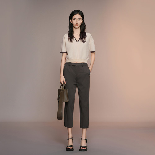 XG/雪歌棕色九分休闲裤2025夏季新款开叉哈伦长裤女XK202029A274 - 图0