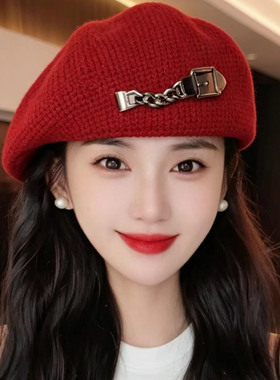 链条贝雷帽子女秋冬显脸小反戴前进帽韩版潮百搭大头围鸭舌画家帽