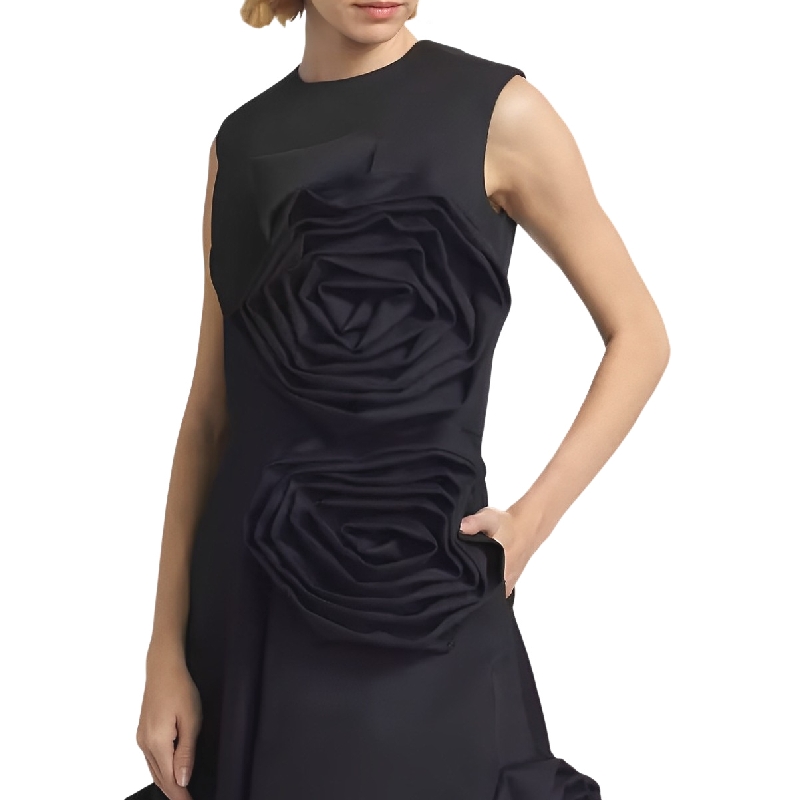 定制新2024入秋暗黑系先锋小众女装不规则拼接立体蔷薇花朵连衣裙 - 图2