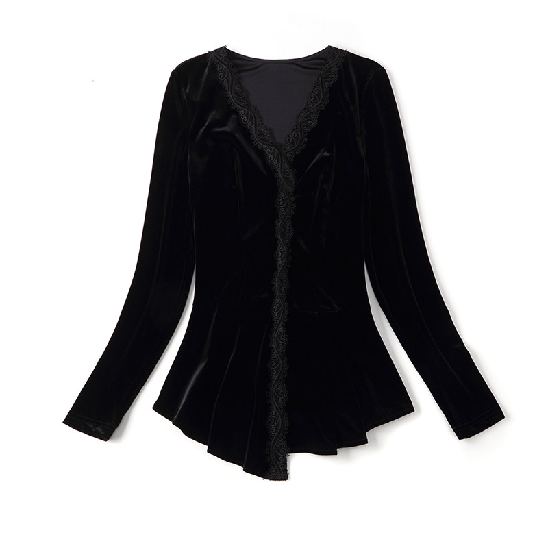 黑色金丝绒2020秋冬新款v领打底衫 jinkaixT恤