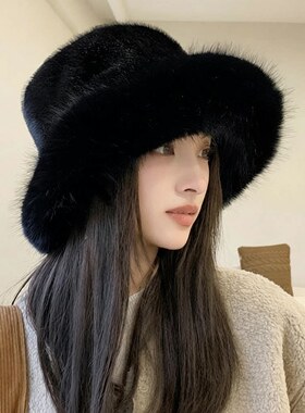 定制logo高级感仿皮草貂毛蓬松渔夫帽女贵妇风大头围毛绒帽冬季保