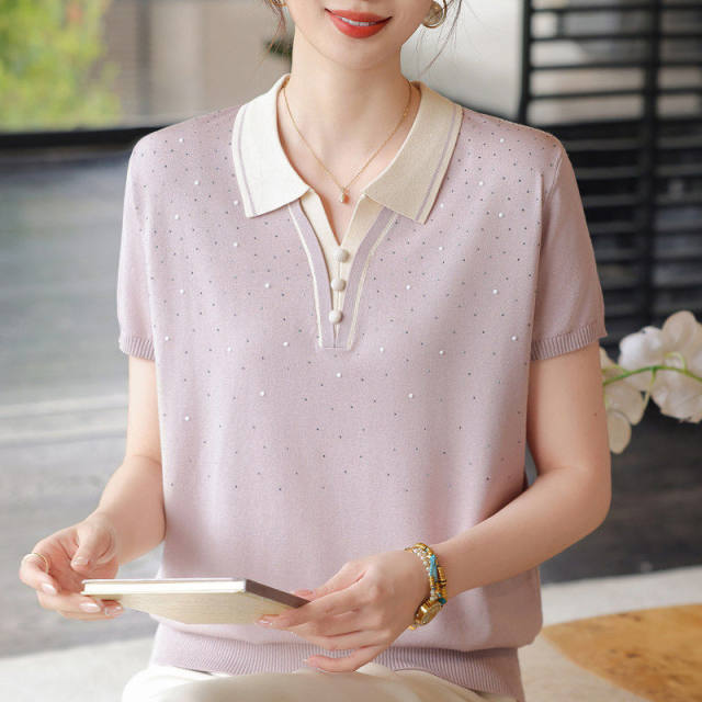 2026 ແມ່ຫນຸ່ມ summer lapel ແຂນສັ້ນ tops ອາຍຸກາງແລະຜູ້ສູງອາຍຸຂອງແມ່ຍິງວັນແມ່ ice silk T-shirt ຊຸດເສື້ອຂະຫນາດນ້ອຍ
