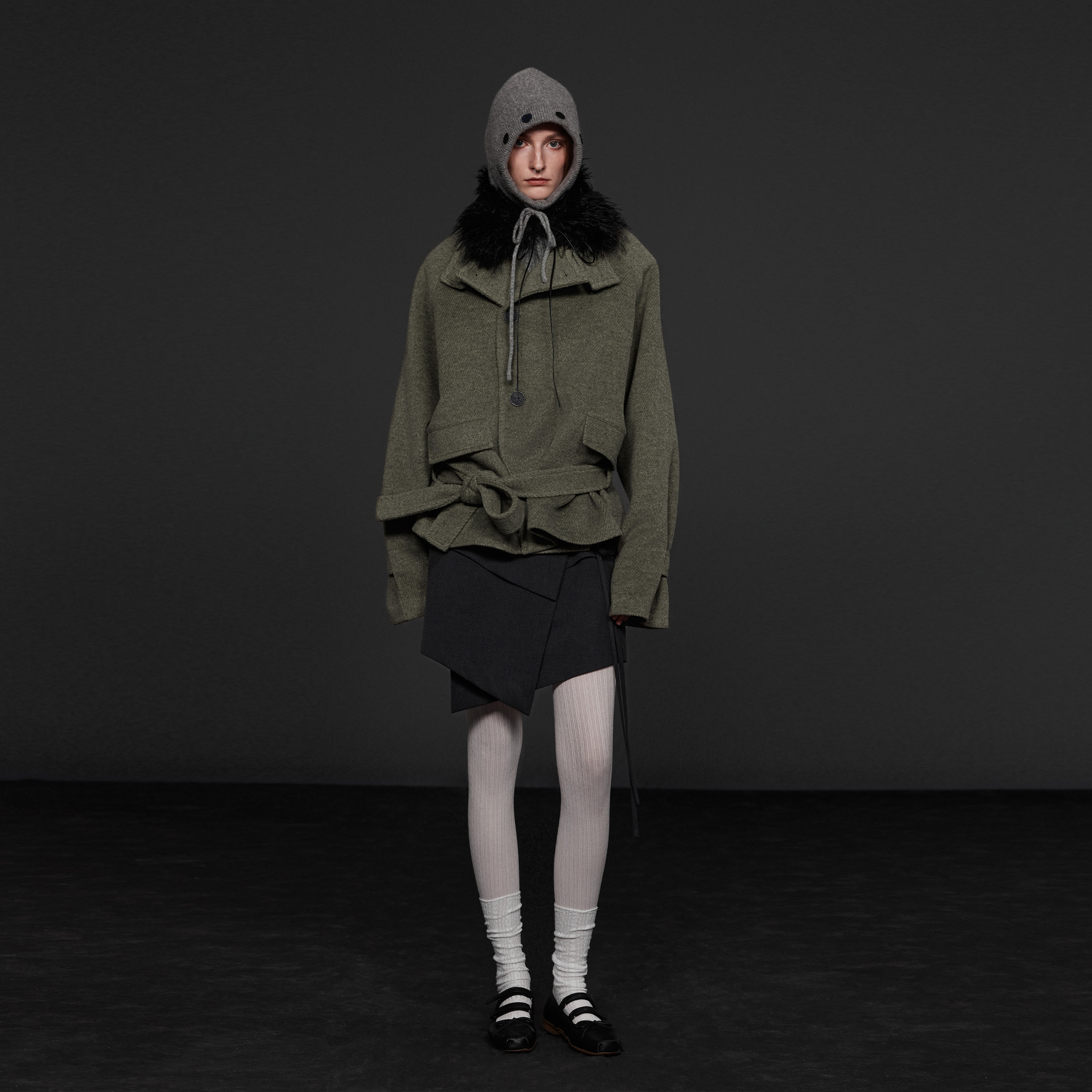 immune system 立领多造型系带羊毛短外套毛呢大衣 - 图0