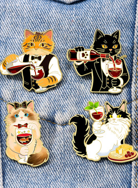 趣味卡通猫咪品酒师胸针绅士动物西装猫咪徽章个性潮流服饰配饰
