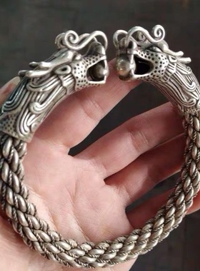 古玩古董老铜器杂项收藏白铜苗银藏银扭丝麻花双龙戏珠手镯手环