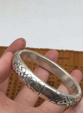 老银手镯雕花手工浮雕做旧白银实心复古款非纯银镯泰银花纹老银匠
