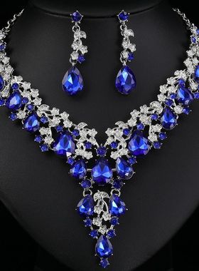 个性蓝色首饰品欧美项链耳环套装高级感新娘晚宴大牌高档女配饰