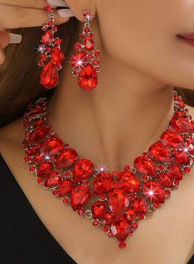 首饰欧美夸张大气绿色水晶项链耳环套装 新娘结婚合金饰品女配饰