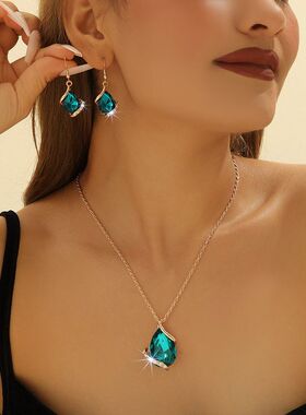 新款跨境锌合金镶钻水晶玻璃多边形项链大水滴钻石项链耳钉套装女