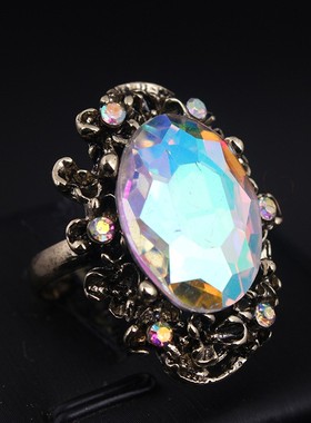 欧美复古气质水晶大宝石戒指开口可调节指环女配饰品女款时尚配饰