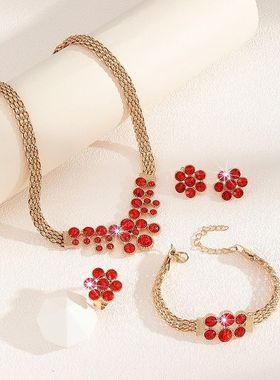 欧美热销镂空红色水钻链条项链饰品套装女士新娘宴会首饰套装