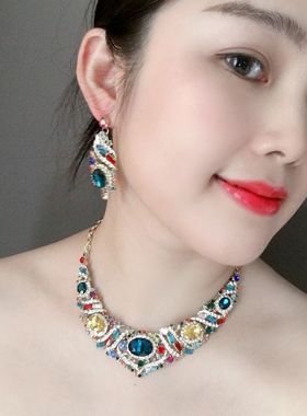 欧美水晶装饰项链耳环女夸张礼服