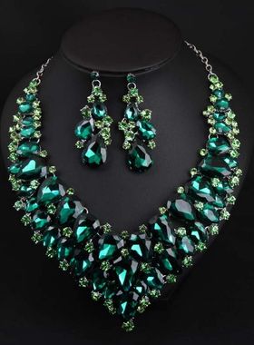 欧美奢华超闪彩色水晶女项链耳环