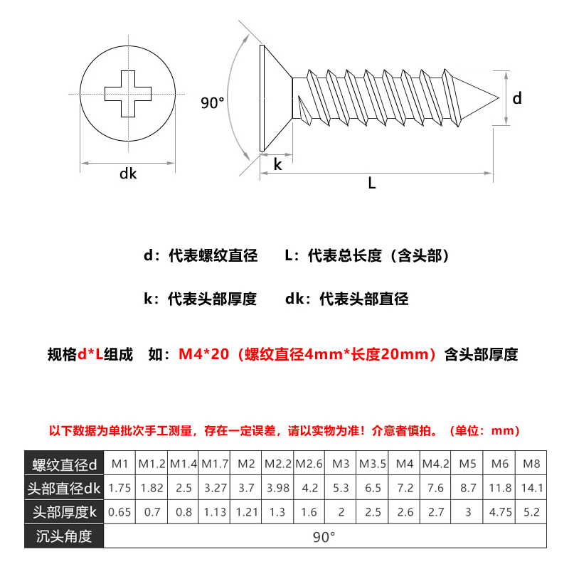 304不锈钢十字平头沉头加长自攻螺丝钉木螺丝M1M1.7M2M3M4M5M6.3 - 图1