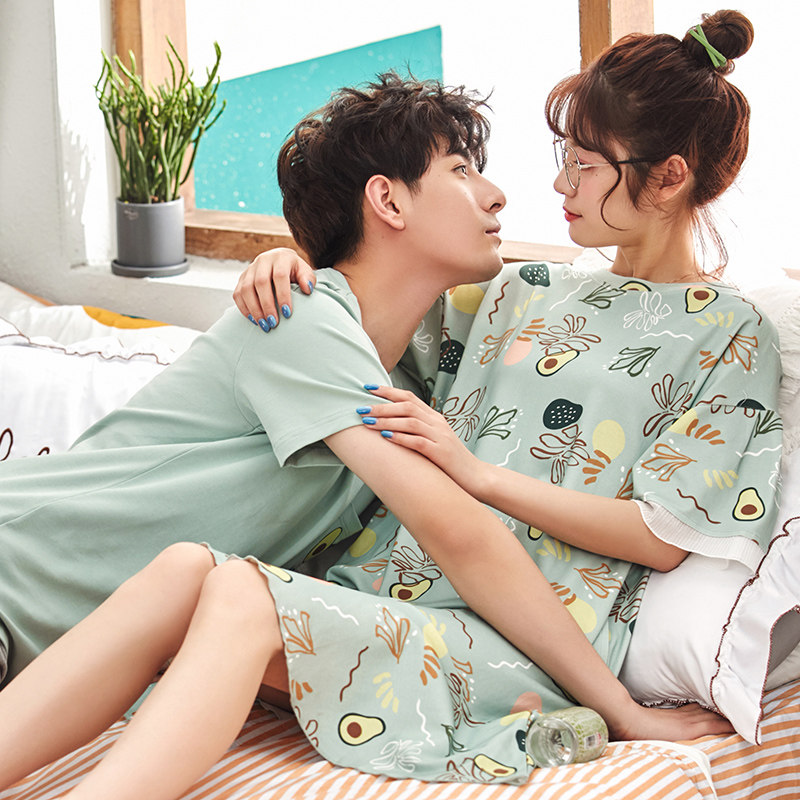 2套价夏季情侣纯棉短袖宽松男睡裙 缘中缘睡衣/家居服套装