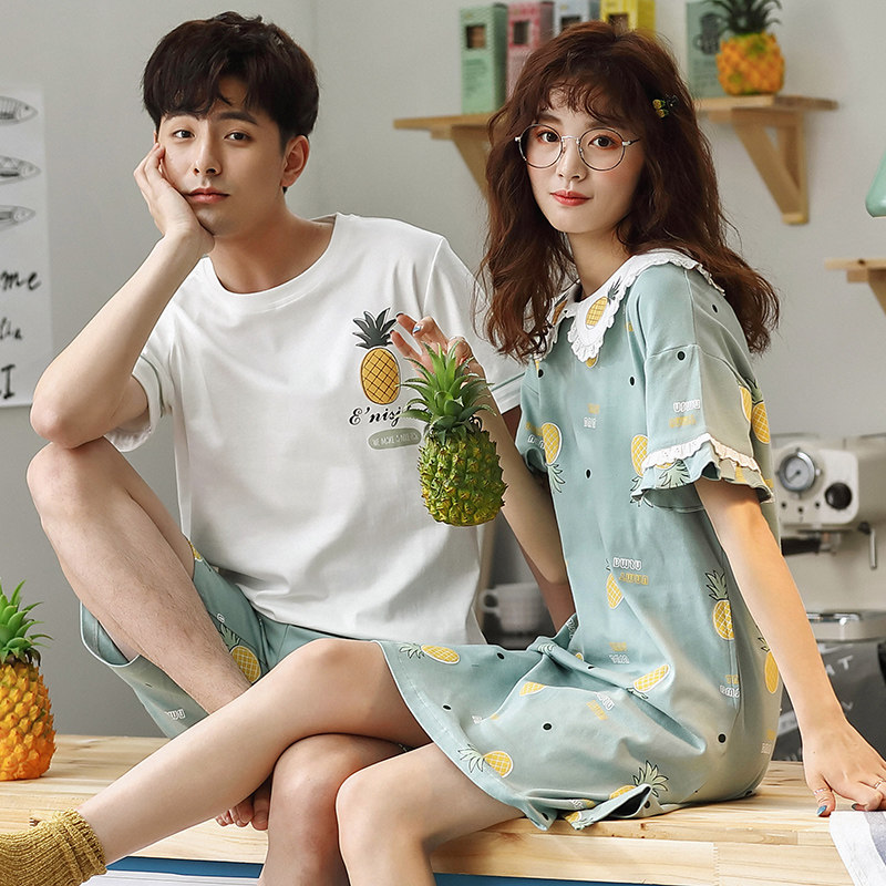 2套价夏季情侣纯棉短袖宽松男睡裙 缘中缘睡衣/家居服套装