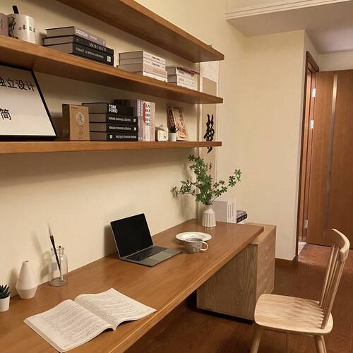 北欧纯实木壁挂一字板书架书桌客厅悬空桌墙上隔板置物架长条书桌 - 图3