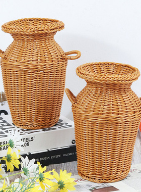 新款家居桌面复古装饰双耳瓶摆件仿藤编栽仿装扮手工编织花篮