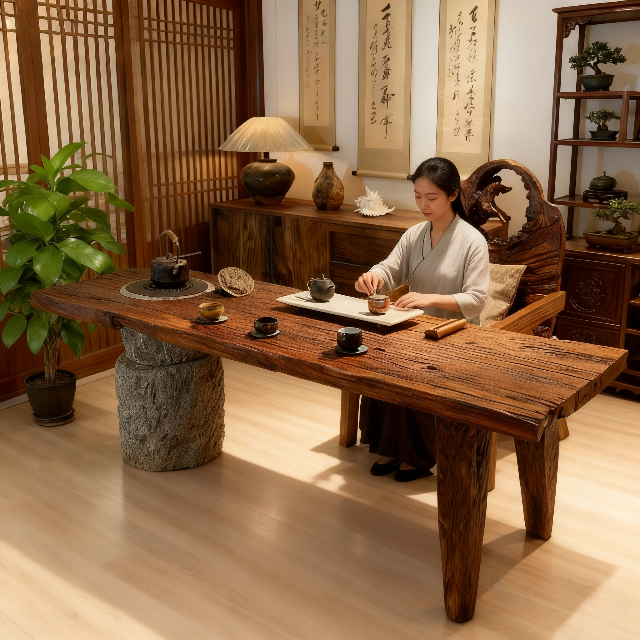 侘寂风原木大板茶桌茶台风化老木民宿餐桌设计师石头茶室泡茶桌,淘宝优惠券,粉丝福利购,淘宝优惠卷