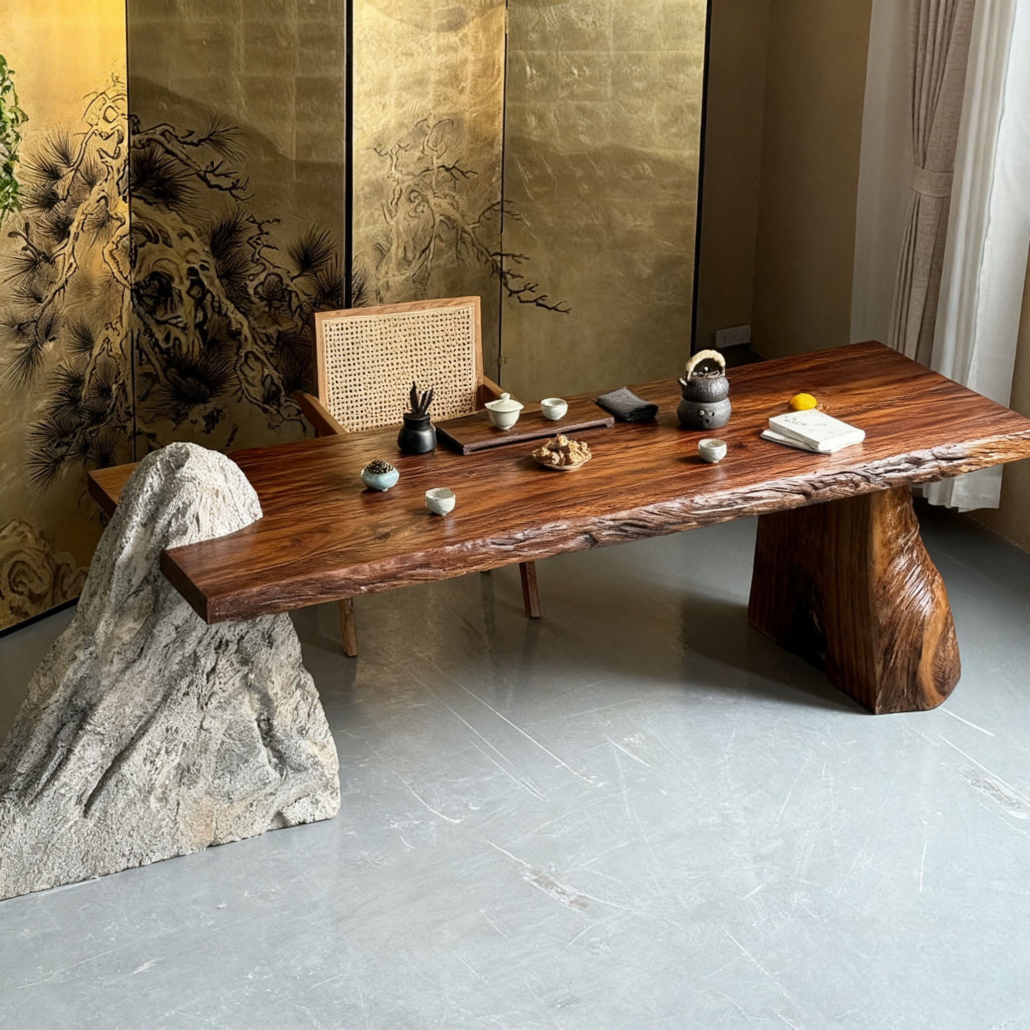 侘寂风原木大板茶桌茶台风化老木民宿餐桌设计师石头茶室泡茶桌,淘宝优惠券,粉丝福利购,淘宝优惠卷