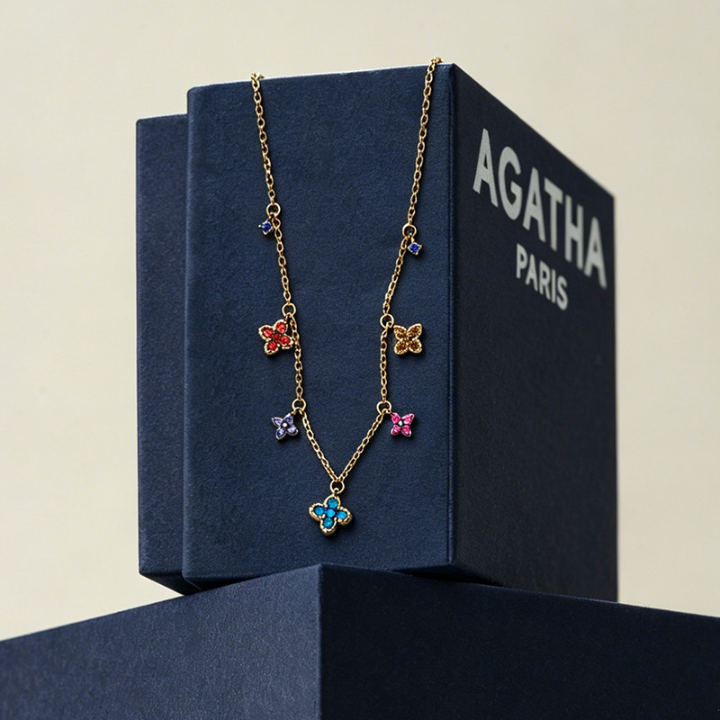 AGATHA/瑷嘉莎幸运四叶花迷你项链彩色宝石生日礼物