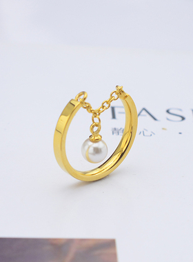 甜美日韩甜美细腻精美礼物名媛风玫瑰金戒指 珍珠吊坠戒指指环