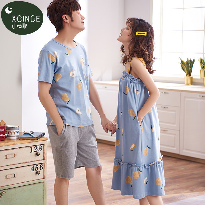 两套价夏季短袖纯棉情侣男士睡裙 小情歌睡衣/家居服套装