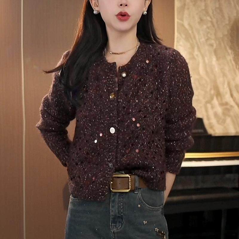 复古亮片圆领针织开衫女2024年新款秋季毛衣外套时尚减龄长袖上衣,淘宝优惠券,粉丝福利购,淘宝优惠卷