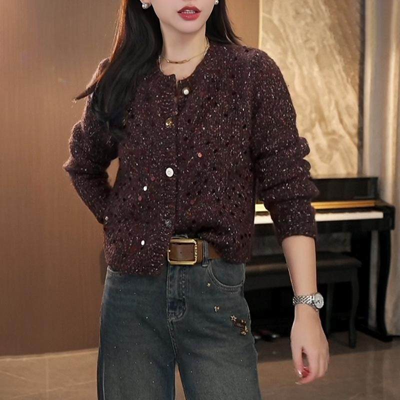 复古亮片圆领针织开衫女2024年新款秋季毛衣外套时尚减龄长袖上衣,淘宝优惠券,粉丝福利购,淘宝优惠卷