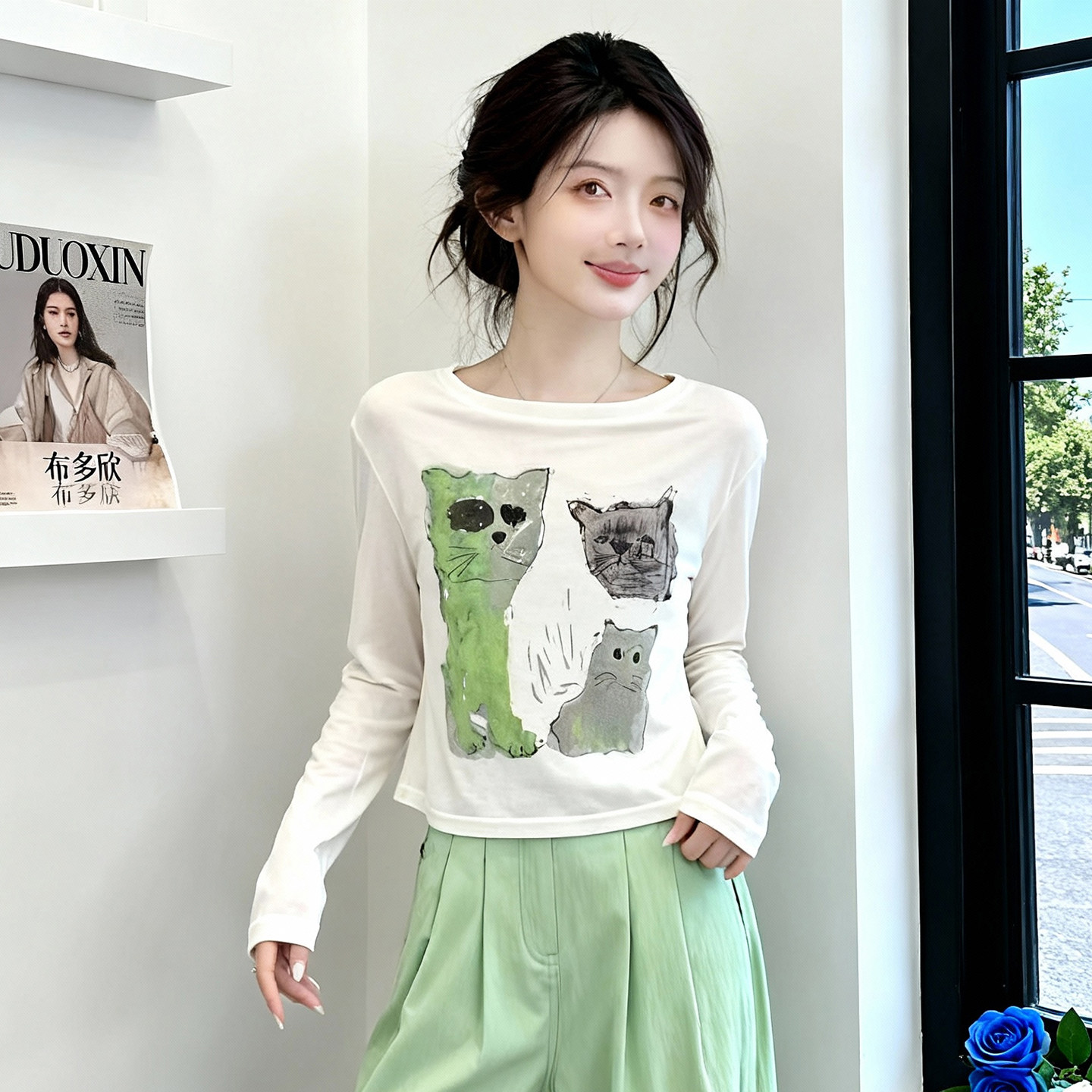 卡通猫咪印花长袖T恤女白色百搭休闲正肩内搭显瘦遮肉气质上衣女,淘宝优惠券,粉丝福利购,淘宝优惠卷