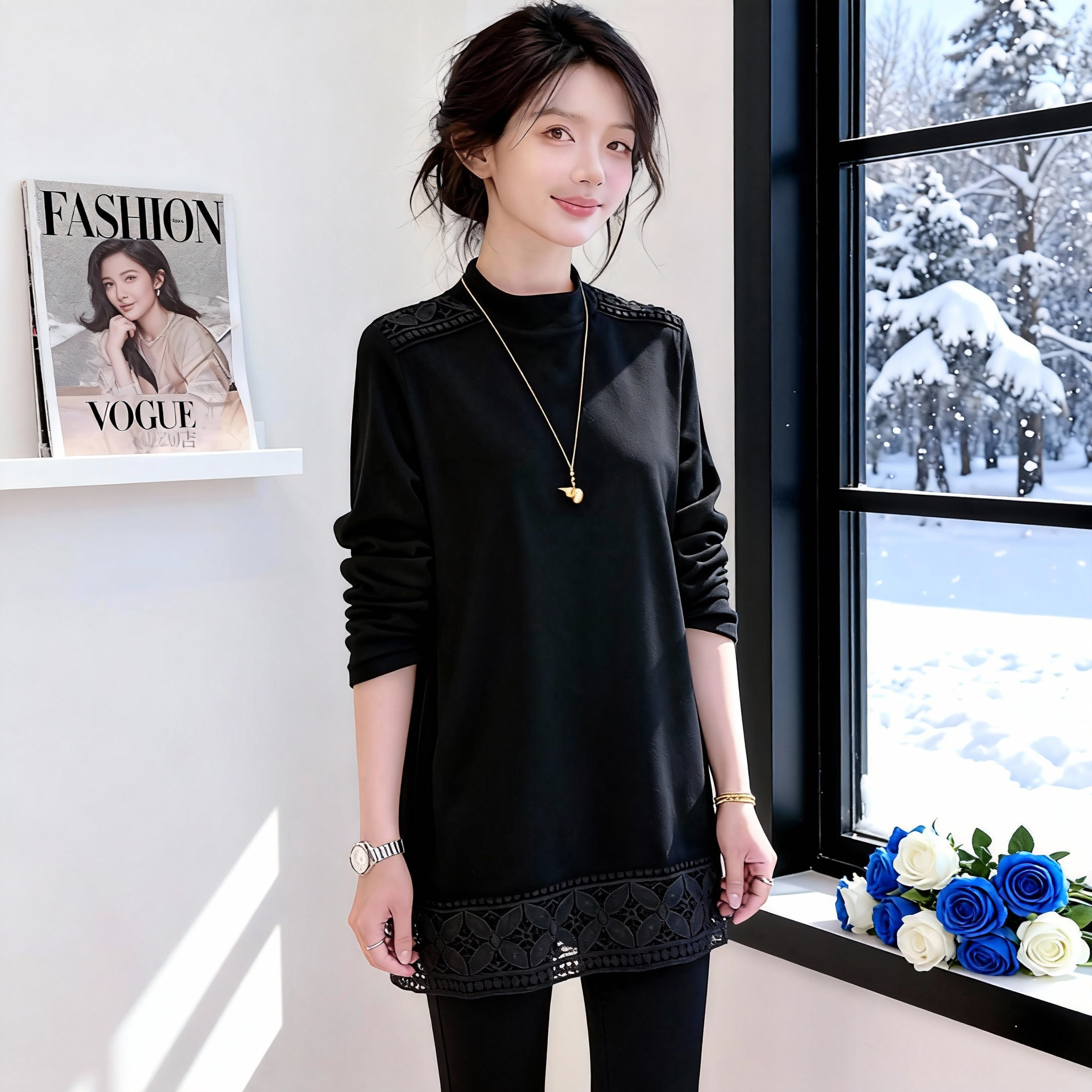 酒红色蕾丝花边中长款打底衫女秋冬新款内搭双面绒宽松长袖上衣,淘宝优惠券,粉丝福利购,淘宝优惠卷