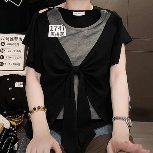 大码撞色拼接绑带假两件短袖T恤女新款时尚百搭显瘦上衣 - 图1